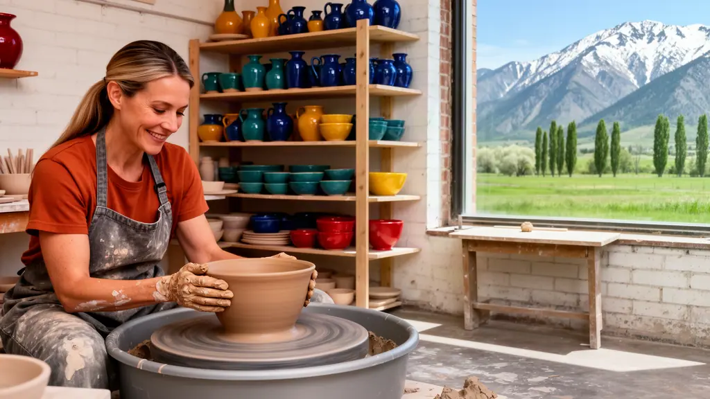 Potter throwing a clay bowl at her wheel beside shelves of glazed pots, snowy peaks outside